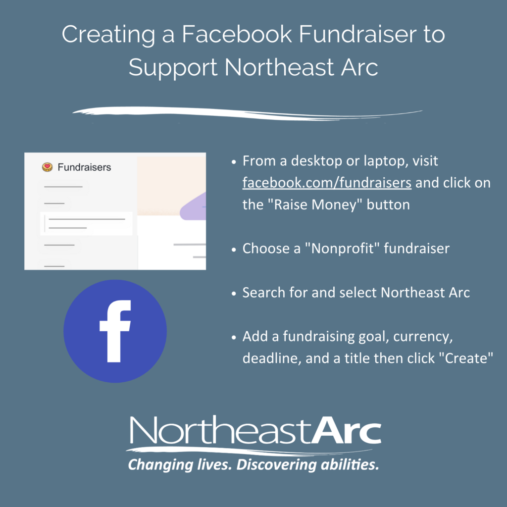 创建Facebook筹款活动以支持东北Arc：从台式机或笔记本电脑访问Faceboobob体育预测k.com/fundraisers并单击